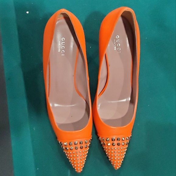 Gucci Shoes - Gucci Orange Leather Studded Heels